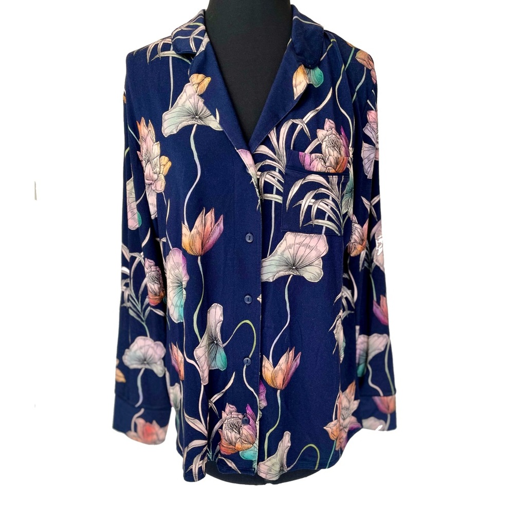 Soma | Cool Nights Navy Blue Floral Button Front Pajama Sleep Top, Large